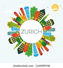 Zurich Switzerland City Skyline with Color Buildings, Blue Sky and Copy Space. Vector Illustration. Business Travel and Tourism Concept with Zurich Historic Buildings. Zurich Cityscape with Landmarks.
