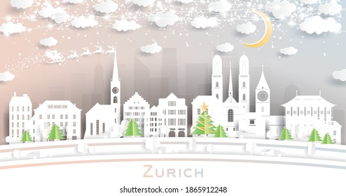 Zurich Switzerland City Skyline in Paper Cut Style with Snowflakes, Moon and Neon Garland. Vector Illustration. Christmas and New Year Concept. Santa Claus on Sleigh.