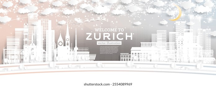 Zurich Switzerland city skyline in paper cut style with snowflakes, moon and neon garland. Vector illustration. Christmas and new year concept. Santa Claus on sleigh. Zurich cityscape with landmarks.