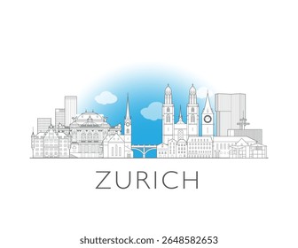 Zurich, Switzerland, cityscape illustration skyline drawing