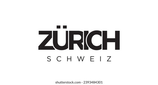 Zurich in the Switzerland emblem for print and web. Design features geometric style, vector illustration with bold typography in modern font. Graphic slogan lettering isolated on white background.