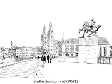 Zurich. Switzerland. Europe. Grossmunster Church. Hand drawn vector illustration.