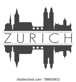 Zurich Switzerland Europe Skyline Vector Art Mirror Silhouette Emblematic Buildings