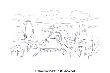 Zurich Switzerland Europe vector sketch city illustration line art