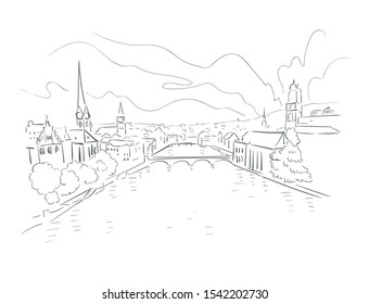 Zurich Switzerland Europe vector sketch city illustration line art