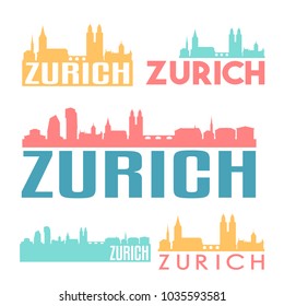 Zurich Switzerland Flat Icon Skyline Vector Silhouette Design Set Logo Illustration.