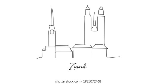 Zurich of switzerland Landmarks skyline - Continuous one line drawing