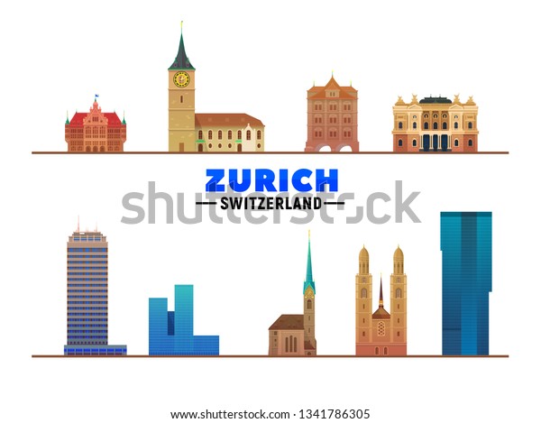 白い背景にチューリッヒのスイスのランドマーク ベクターイラスト 近代的な建物や古い建物を使ったビジネス旅行や観光のコンセプト プレゼンテーション バナー ウェブサイトのベクター画像 のベクター画像素材 ロイヤリティフリー