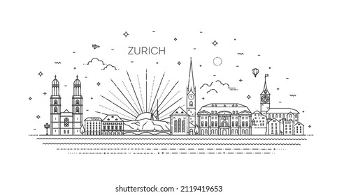 Zurich, Switzerland. Line Art Vector illustration with all famous buildings