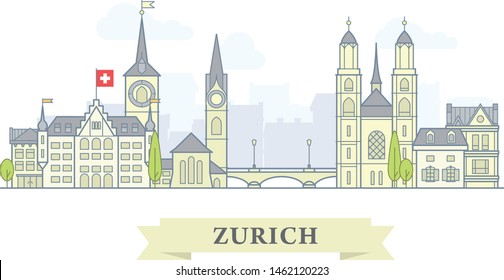 Zurich, Switzerland - old town, city panorama with landmarks of Zurich