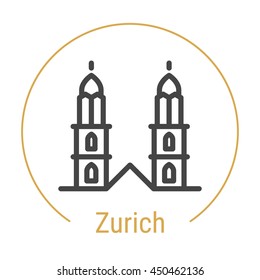 Zurich (Switzerland) outline icon with caption. Zurich City logo, landmark, vector symbol. Zurich Great Minster church. Illustration of Zurich isolated on white background.