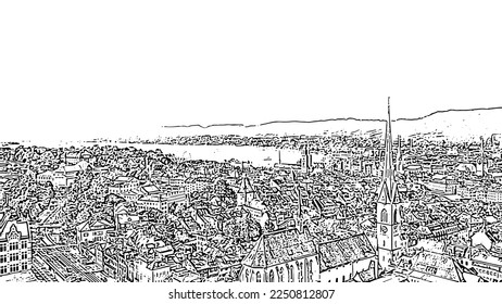 Zurich, Switzerland. Panorama of the city from the air. View of Zurich Lake. Doodle sketch style. Aerial view;