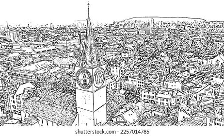 Zurich, Switzerland. Panorama of the city from the air. St. Peter Church. Doodle sketch style. Aerial view