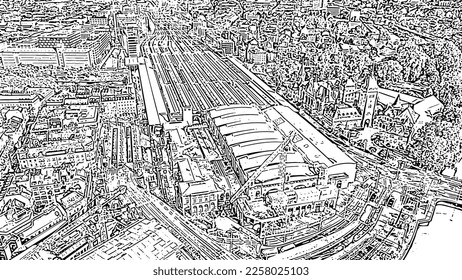 Zurich, Switzerland. Panorama of the city from the air. Zurich Main Station. Doodle sketch style. Aerial view