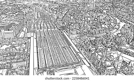 Zurich, Switzerland. Panorama of the city from the air. Zurich Main Station. Doodle sketch style. Aerial view