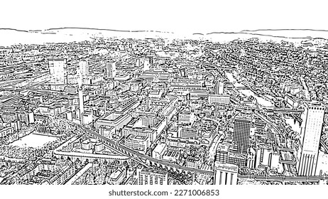 Zurich, Switzerland. Panorama of the city from the air. Limmat River. Doodle sketch style. Aerial view