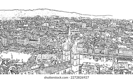 Zurich, Switzerland. Panorama of the city from the air. Limmat River. Grossmunster Cathedral. Doodle sketch style. Aerial view