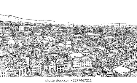 Zurich, Switzerland. Panorama of the city from the air.  Limmat River. St. Peter Church. Doodle sketch style. Aerial view