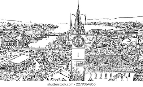 Zurich, Switzerland. Panorama of the city from the air.  Limmat River. St. Peter Church. Doodle sketch style. Aerial view