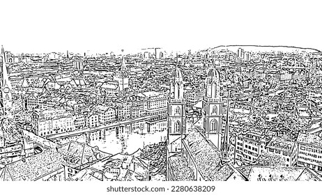 Zurich, Switzerland. Panorama of the city from the air. Limmat River. Grossmunster Cathedral. Doodle sketch style. Aerial view