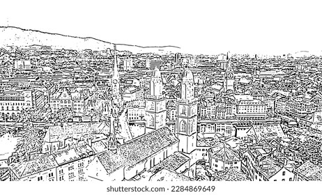 Zurich, Switzerland. Panorama of the city from the air. Limmat River. Grossmunster Cathedral. Doodle sketch style. Aerial view