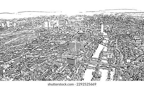 Zurich, Switzerland. Panorama of the city from the air. Limmat River. Doodle sketch style. Aerial view