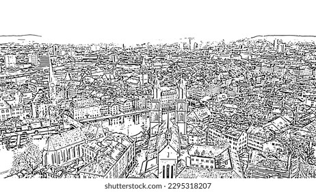 Zurich, Switzerland. Panorama of the city from the air. Limmat River. Grossmunster Cathedral. Doodle sketch style. Aerial view
