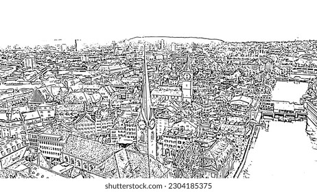 Zurich, Switzerland. Panorama of the city from the air. Limmat River, Fraumunster Church. Doodle sketch style. Aerial view