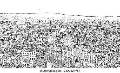 Zurich, Switzerland. Panorama of the city from the air. Grossmunster Cathedral. Doodle sketch style. Aerial view