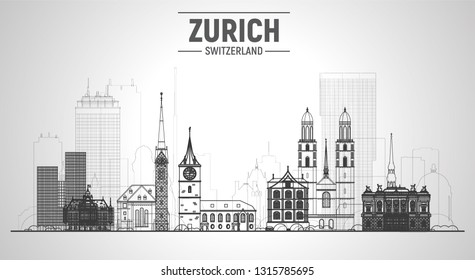 Zurich Switzerland skyline with panorama at white background. Vector Illustration. Business travel and tourism concept with modern and old buildings. Vector for presentation, banner, web site. 