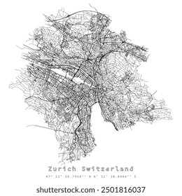 Zurich Switzerland,accurate map, detail Streets Roads Map,editable vector element template image for marketing ,product ,wall art