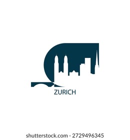 Zurich vector icon with skyline, panoramic view, outlook shape. Switzerland city landmarks logo concept. Flat isolated graphic, badge