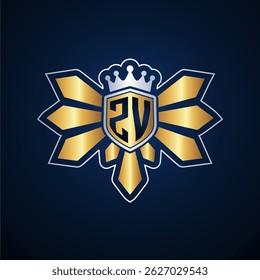 ZV initial letters monogram logo for gaming with shield and eagle wing