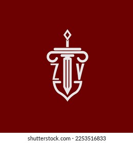 ZV initial logo monogram design for legal lawyer vector image with sword and shield