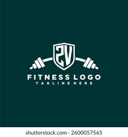 ZV initial monogram for fitnes or gym logo with creative shield and barbell design