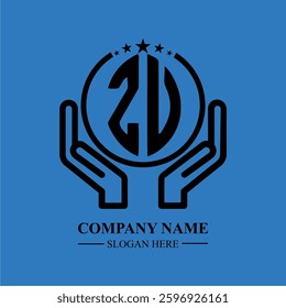 ZV initials held within hands, symbolizing trust and protection. The circle represents unity, while stars highlight excellence and ambition.