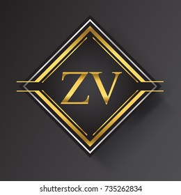 ZV Letter logo in a square shape gold and silver colored geometric ornaments. Vector design template elements for your business or company identity.