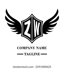 ZW bold shield logo with wings, customizable with letters A to Z. Perfect for brands seeking a powerful symbol of strength, freedom, and ambition