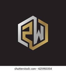 ZW initial letters looping linked hexagon elegant logo golden silver black background