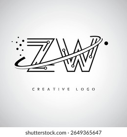 Logotipo de Monograma de Órbita ZW - Marca de Letra Mínima Futurista com Linha de Arte Circular, Pontos Inspirados na Tecnologia e Conceito de Movimento Espacial para Identidade de Marca Moderna