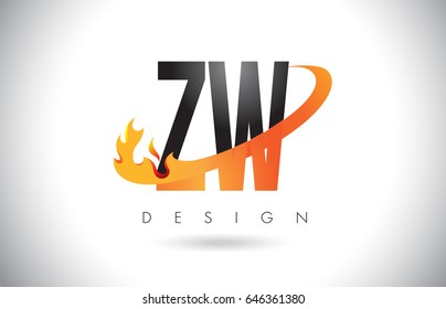 ZW Z W Letter Logo Design with Fire Flames and Orange Swoosh Vector Illustration.