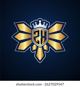 ZX initial letters monogram logo for gaming with shield and eagle wing