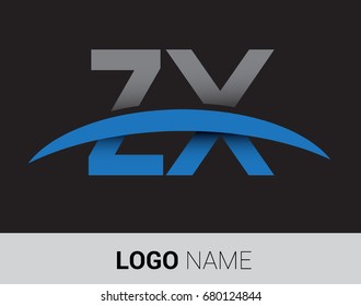 ZX initial logo company name colored grey and blue swoosh design