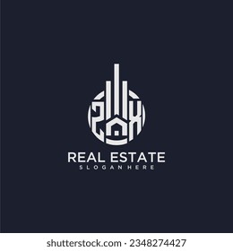 Logotipo de monograma inicial ZX para bienes raíces con diseño de círculo creativo vectorial