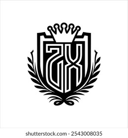 Letra ZX logotipo heráldica forma de escudo com coroa, vintage escudo sobre fundo branco modelo design