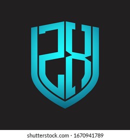 Monograma del logotipo ZX con diseño de escudo de emblemas aislado con colores azules sobre fondo negro