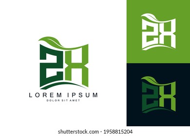 ZX logo monogram with green leaf nature organic bio curved shape premium vector design template