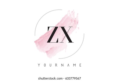 ZX Z X Watercolor Letter Logo Design with Circular Shape and Pastel Pink Brush.