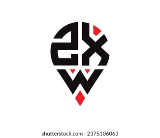 ZXW letter location shape logo design. ZXW letter location logo simple design.