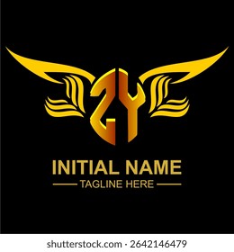 ZY Golden Wing Emblem Logo with elegant gold wings, sleek and modern design. Ideal for branding, creative projects, luxury businesses, or artistic ventures.